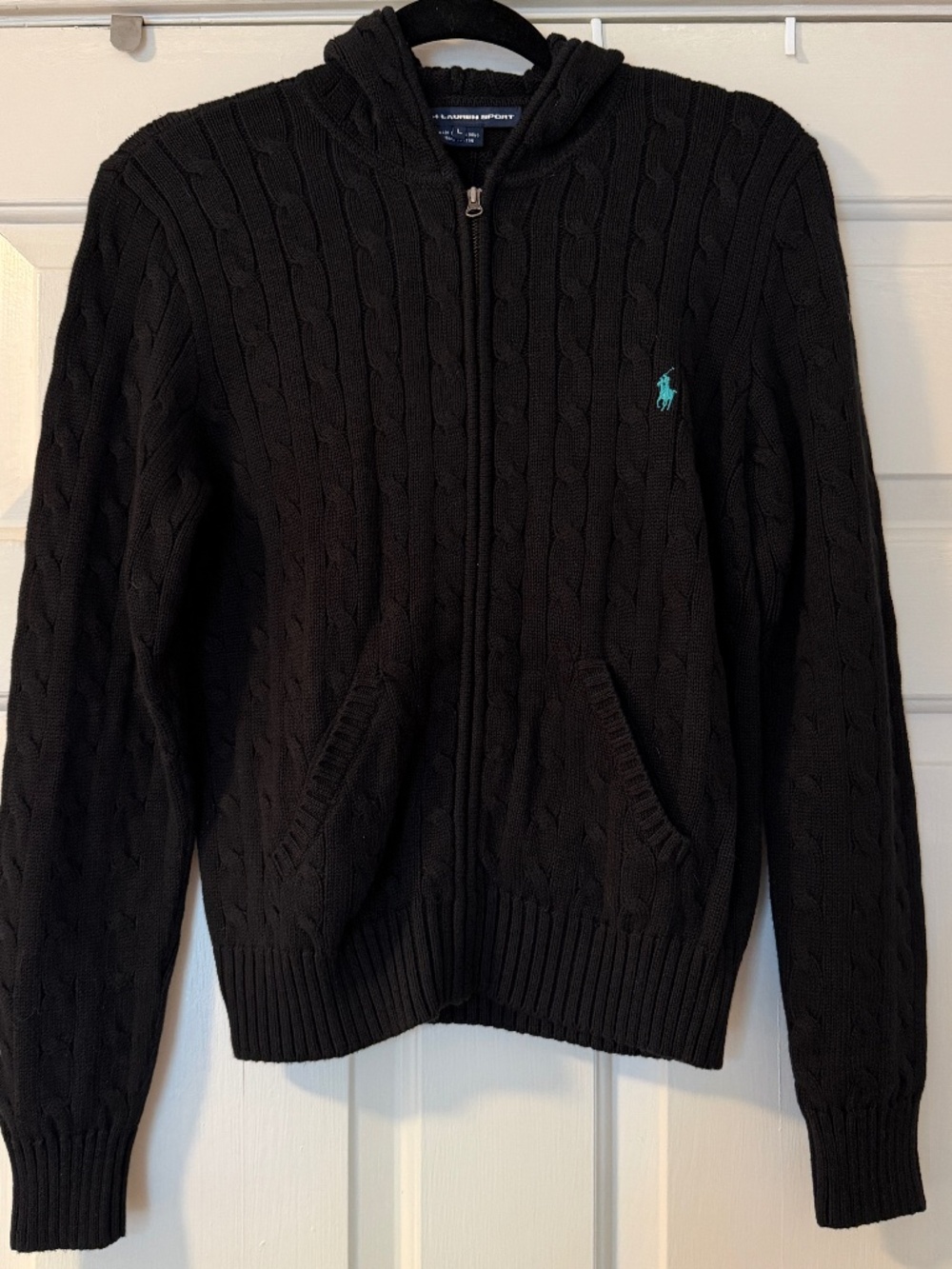 Vintage Ralph Lauren Sport Black Cable Knit Full Zip Hoodie Sweater Womens Large